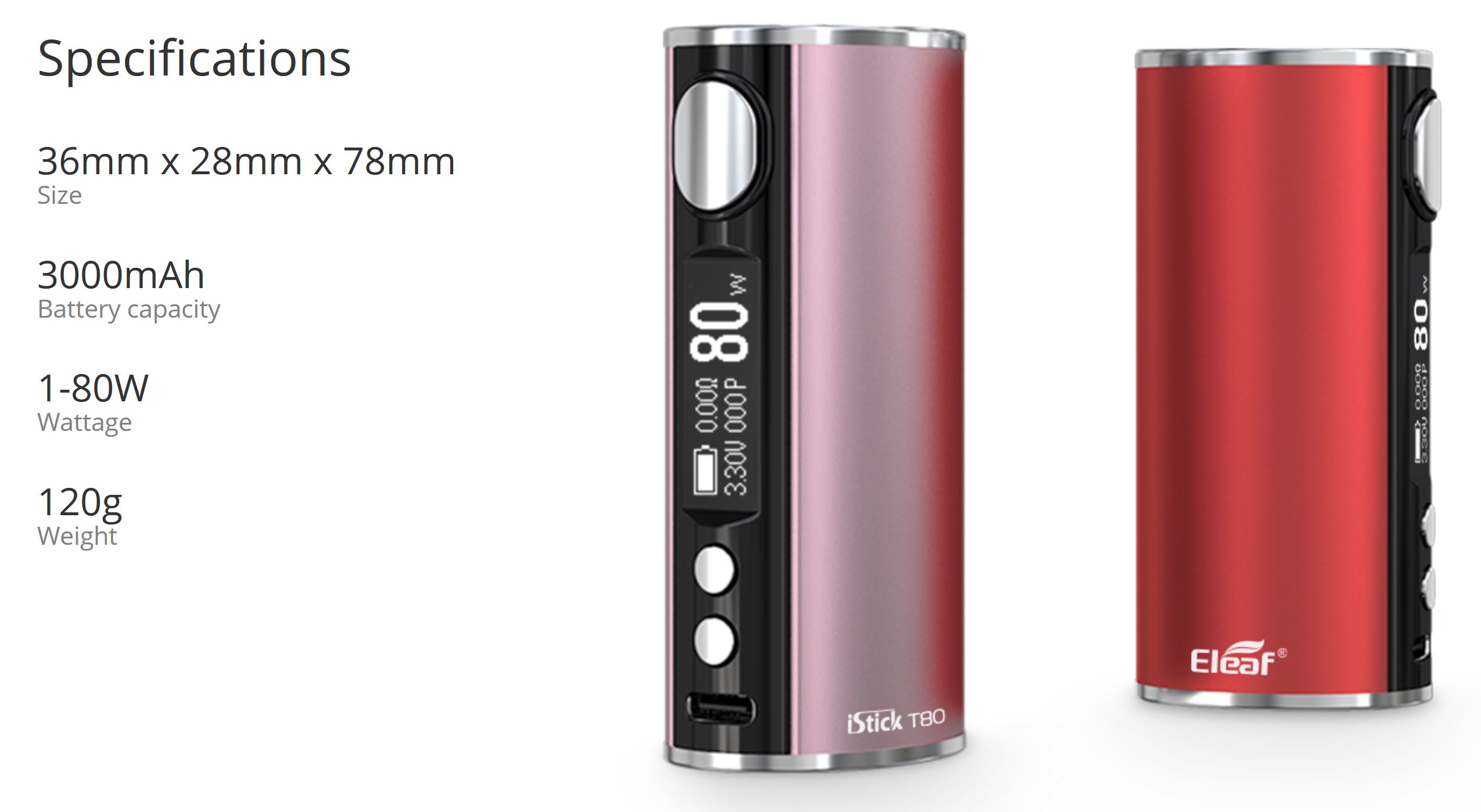 iSmoka Eleaf iStick T80 80W Grip Easy Kit 3000mAh Rose Gold