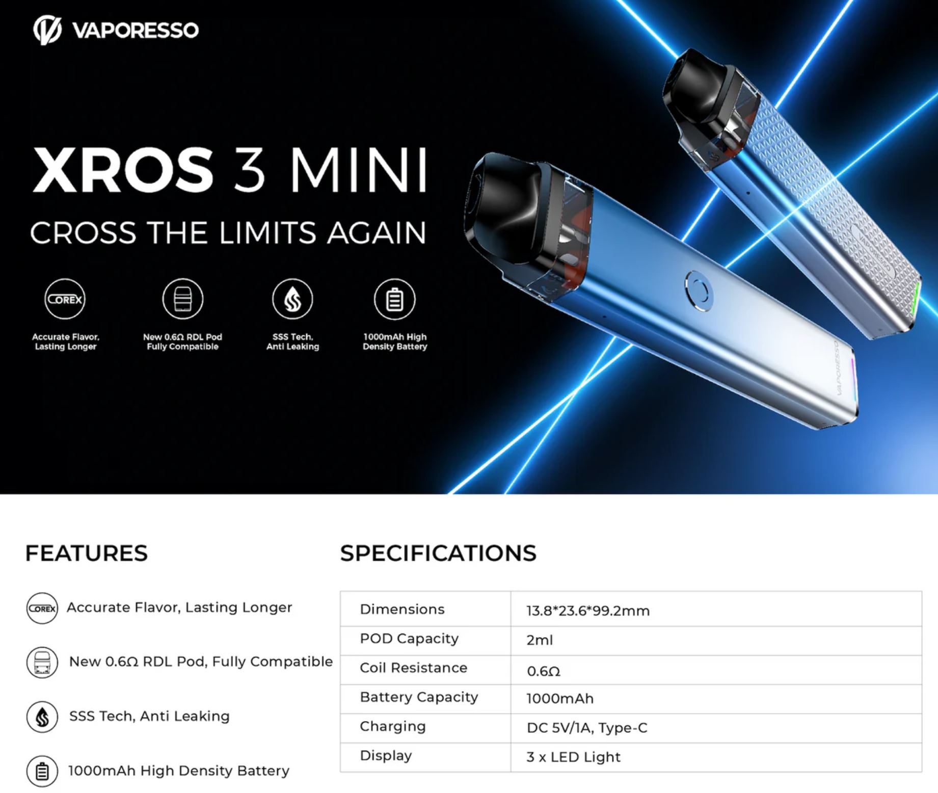 Vaporesso XROS 3 Mini Pod 1000 mAh Icy Silver 1 ks